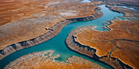 Wall Mural - A vibrant river winds through a striking desert canyon, creating stunning color contrasts under the soft light of sunset