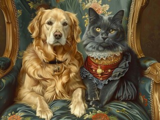 A Victorian-era portrait of a Golden retriever and blue Maine Coon in period costumes