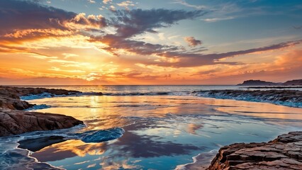 Canvas Print - A breathtaking sunset illuminates a rocky beach, with vibrant sky reflections on the water during a summer evening