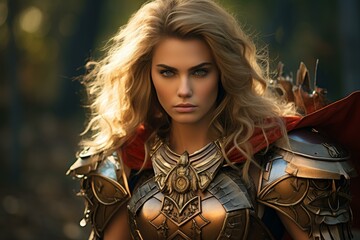 Close-up portrait of a female warrior with golden armor in a mystical forest setting