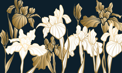 Wall Mural - Set of Golden Beautiful Iris Flower Line Art Illustration. Sketch of blossoming irises. Vector Iris floral botanical flower. Wild spring leaf wildflower isolated. Isolated irises illustration element.