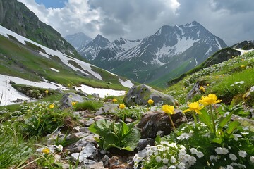 Wall Mural - A mountain pass with fresh greenery emerging from the melting snow and buds beginning to flower
