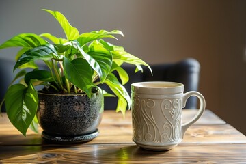 Wall Mural - Green office plant in a decorative pot beside a coffee mug.