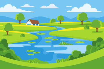 Wall Mural - Village natural landscape. Vector cartoon landscape of an ancient river on a background of green fields, meadows, trees, mountains, hills and a sweet house. Water lilies and reeds grow in the river.