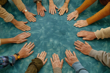 No to racism. People of different skin colors and ages clasped their hands in circle as a sign of non-racism.