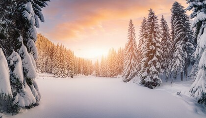 Wall Mural - winter scene with snow-covered trees, frozen lake and soft falling snow