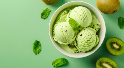 Bowl of kiwi ice cream scoops and fresh fruits on pastel green background, top view.