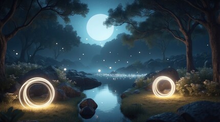 Wall Mural - slightly dark, out-of-focus natural scenery with glowing light circles for a dreamy, serene effect