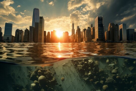 Split view of a city skyline at sunset, above and below water surface