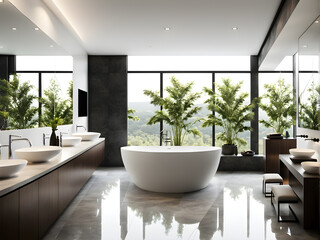 Wall Mural - Modern style bathroom design, the bathroom of villa or senior apartment, high-end luxury furniture, and beautiful scenery outside the floor to ceiling window