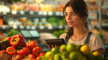 Assistant
Young woman in supermarket using digital tablet to check the quality of fruits and vegetables.