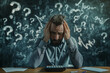 © VRAYVENUS - Frustrated man holding his head in his hands while sitting at a desk with a blackboard full of math symbols behind him.