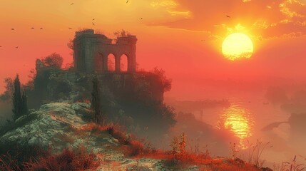 Wall Mural - Sunset harbinger atop the ruins of the whispering highlands background, ai generated