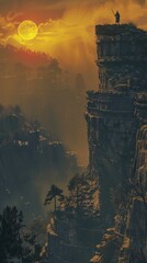 Wall Mural - Sunset harbinger atop the ruins of the whispering highlands background, ai generated