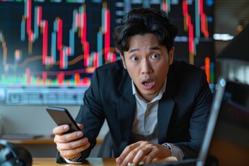 Wall Mural - A man is looking at his phone with a shocked expression on his face