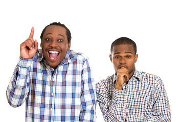 portrait of two men one being excited, optimistic having a solution, the other one being bored, annoyed clueless sucking thumb, isolated on white background. 