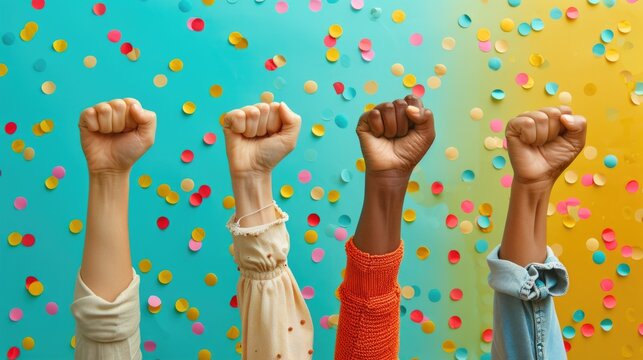 Raised fists in juneteenth day concept bokeh background confetti