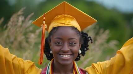 The successful graduation smiling female graduation hat cap in university blurred background in university