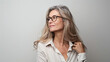 © Michael - Middle Age Beautiful Business Woman Wearing Glasses Standing Over Isolated White Background Looking To Side, Perfect For Professional Profile Pictures Or Corporate Branding