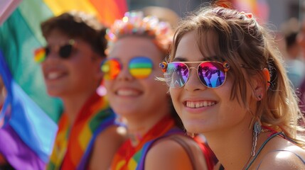 Wall Mural - Young people celebrating pride LGBTQ day looking at camera blurred background