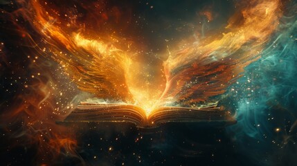A woman is holding an open book with a glowing flame on the pages