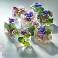 Wall Mural - Mix edible flower on ice salad on isolate white background