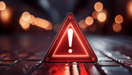 Red caution warning sign with exclamation mark. Traffic sign. Dark background.