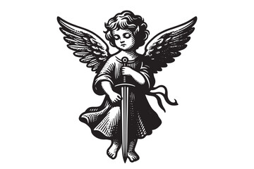 Sticker - Little cute guardian angel. Defender with a sword. Holy protection.
Vintage engraving black vector illustration, isolated object, sketch, emblem, logo