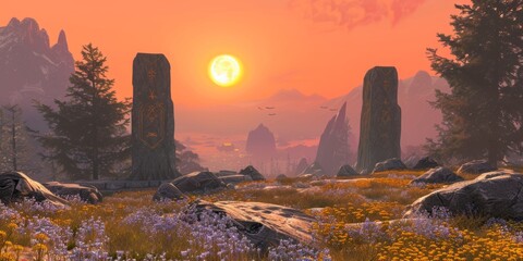 Wall Mural - Sunset harbinger atop the ruins of the whispering highlands background, ai generated