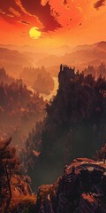 Wall Mural - Sunset harbinger atop the ruins of the whispering highlands background, ai generated