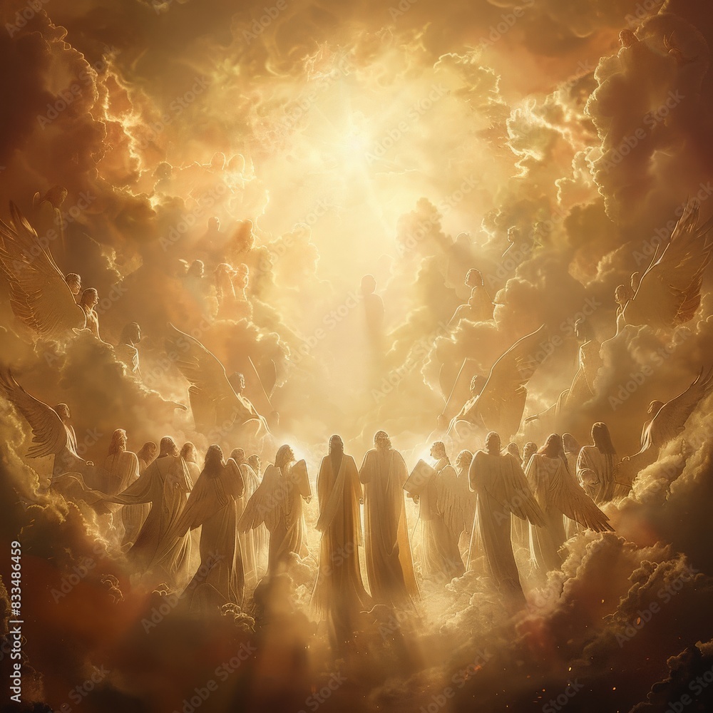 A choir of angels singing in harmony, with a backdrop of glowing clouds ...