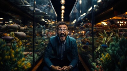 Overjoyed bearded man expresses amazement while surrounded by stunning aquarium exhibits