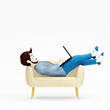 © thayra83 - Cartoon young man sitting on sofa and using laptop. Distance work, study and communication concept. 3d render