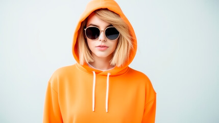 Young confident blonde girl wearing trendy orange hoodie, color sunglasses, posing on white background. Studio fashion portrait. Copy, empty space for text