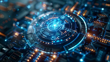 Glowing blue circuit board with futuristic user interface concept technology, electronic glowing design creativity