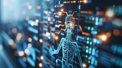 Blue transparent glowing human body surrounded by digital interface concept cyber security, digital science privacy information