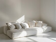 © Daisy - 소파 놓여져 있는 빈 공간 제품 사진, 빈 흰색 방의 현대적인 흰색 소파, 수공예품 스타일, 햇빛이 소파를 비추는,  밝은 베이지, 광택이없는, 흰색 배경.