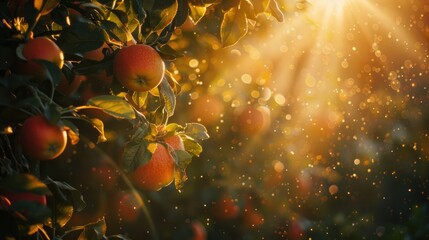 Wall Mural - Sun rays piercing through the dense leaves of an apple tree, illuminating the apples and creating a beautiful play of light and shadow