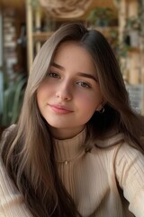 Poster - A beautiful young Eastern European woman at a coffee shop