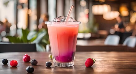 Wall Mural - Iced bubble tea on wooden table in cafe Fashionable modern coffee shop Food photography Asian beverage with ice and tapioca balls in disposable cup Tasty cold sweet colorful drink with berries