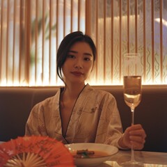 Canvas Print - A beautiful, delicate and gentle young Asian woman in a restaurant