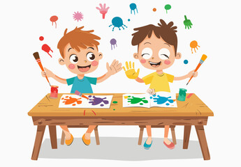 Wall Mural - a boy and a girl painting on a table