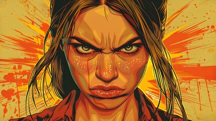 Wall Mural - Angry Woman Portrait Close Up Illustration