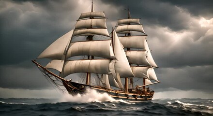 Wall Mural - Video animation of large sailing ship with multiple sails unfurled navigating through tumultuous sea waters under a stormy sky