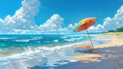 Wall Mural - Beachfront with rainbow-colored parasols and sunbeds, anime style illustration
