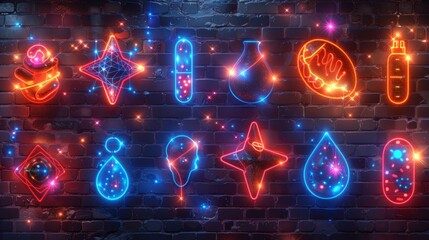 Wall Mural - Design a collection of neon sports medicine symbols, including shining