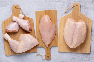 Different types of raw chicken meat