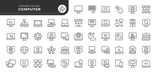 Computer and laptop line icon set. Network, setup, media connection and components. Outline vector icon in linear style. Conceptual pictogram collection.