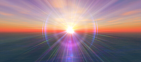 Wall Mural - sunset calmly sea sun ray 3d render illustration