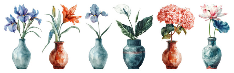 Wall Mural - Blooming flowers in vases set